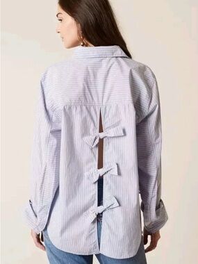 Free People Tie It In A Bow Oversized Striped Button Down Shirt L